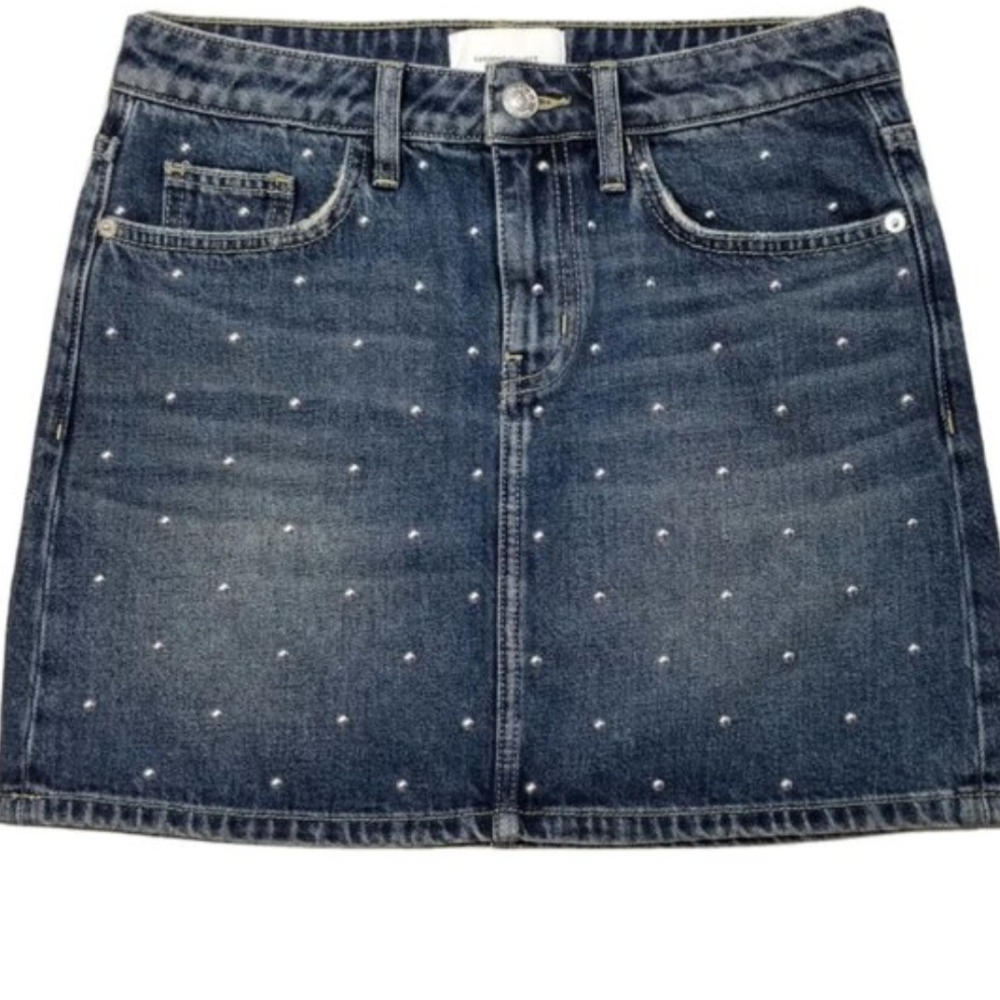 Current/Elliott Dark Blue Denim Mini Skirt with Pearl Studs